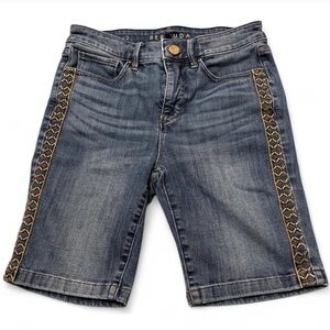 White House l Black Market Stylish Denim Bermuda Shorts with Gold Accents 2